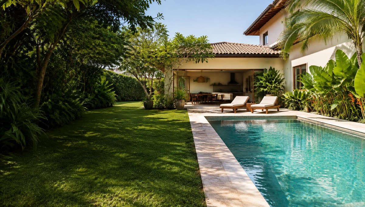 Quintal residencial com piscina e área de lazer cercada por plantas